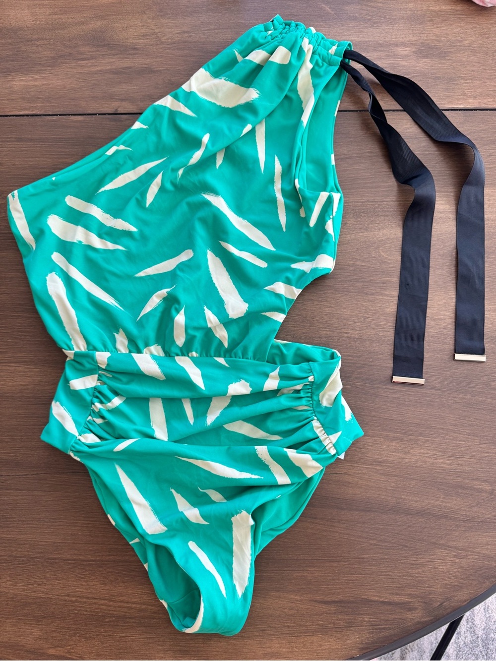Self-Portrait Teal & Cream Brushstroke One-Shoulder Swimsuit